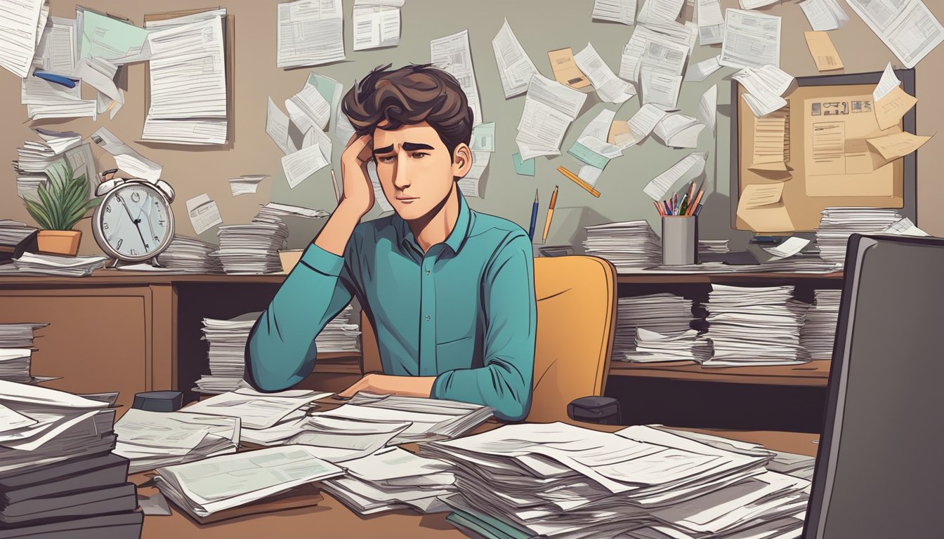 A person sitting at a cluttered desk, surrounded by unpaid bills and a stack of loan documents, with a worried expression on their face