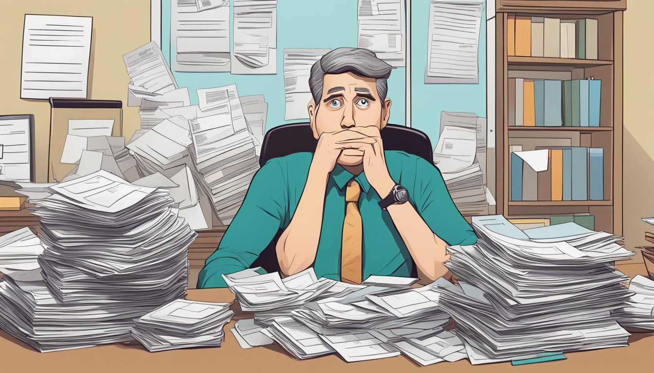 A stack of unpaid bills and collection notices piling up on a cluttered desk, with a worried expression on the face of the borrower