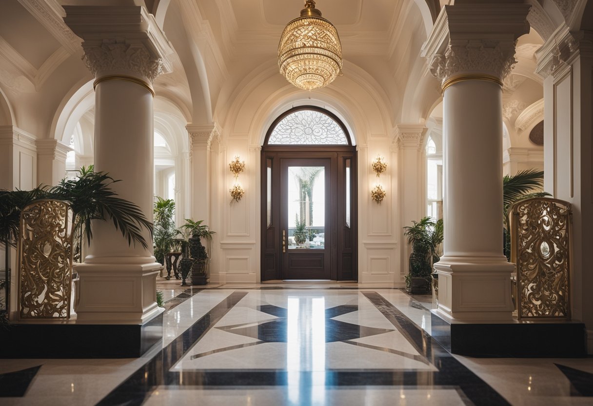 A grand, arched entrance with intricate details and ornate moldings, leading into a spacious and elegant interior space with high ceilings and natural light