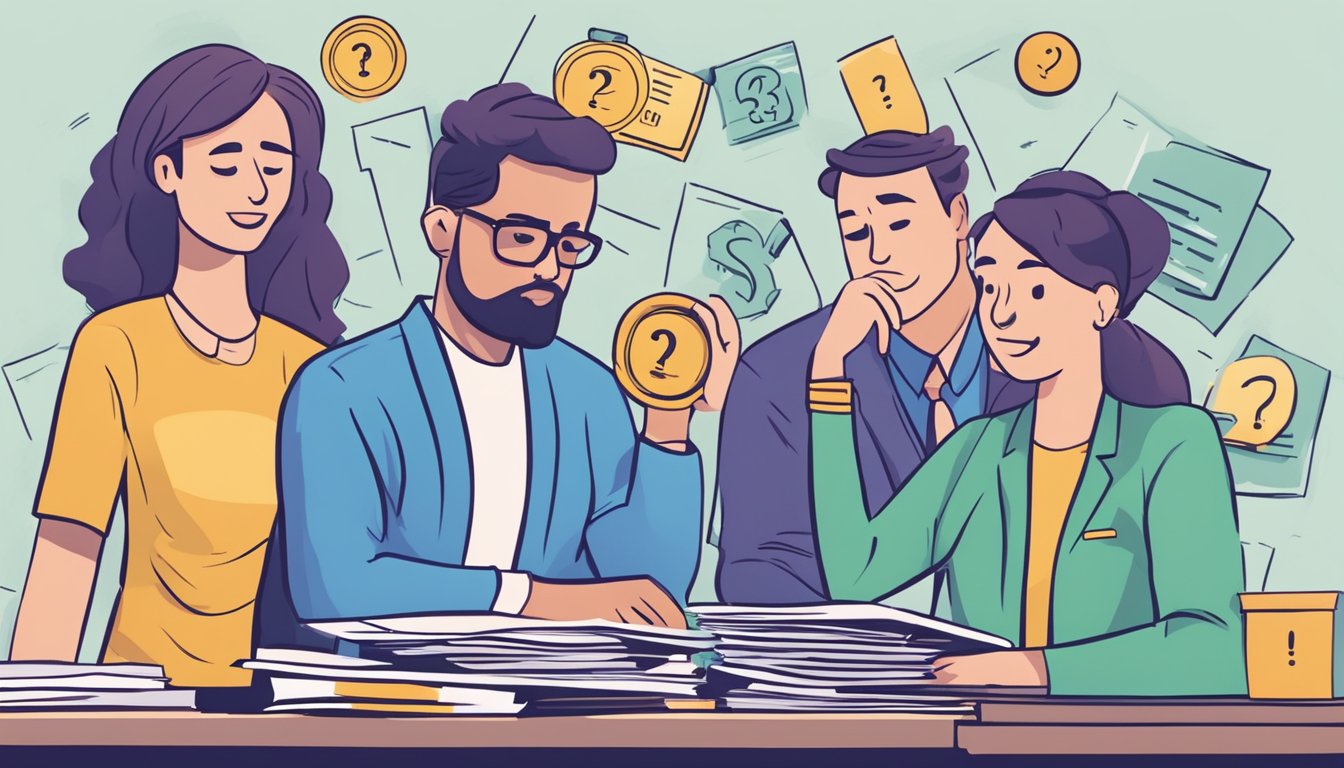 A stack of unpaid bills with "FAQs on unsecured loan" highlighted, surrounded by worried faces and a ticking clock
