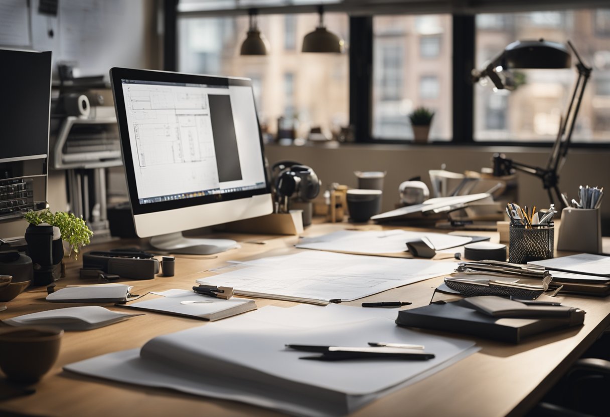 A cluttered desk with drafting tools, a computer, and design books. A large drafting table with a detailed interior design drawing in progress