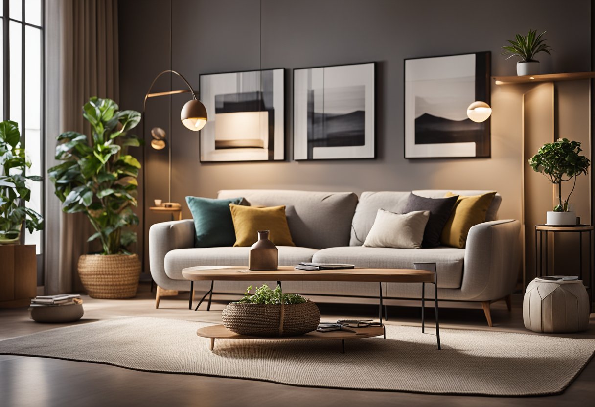 A cozy living room with a modern sofa, coffee table, and potted plants. A bookshelf filled with decor and books. Warm lighting and a rug tie the room together