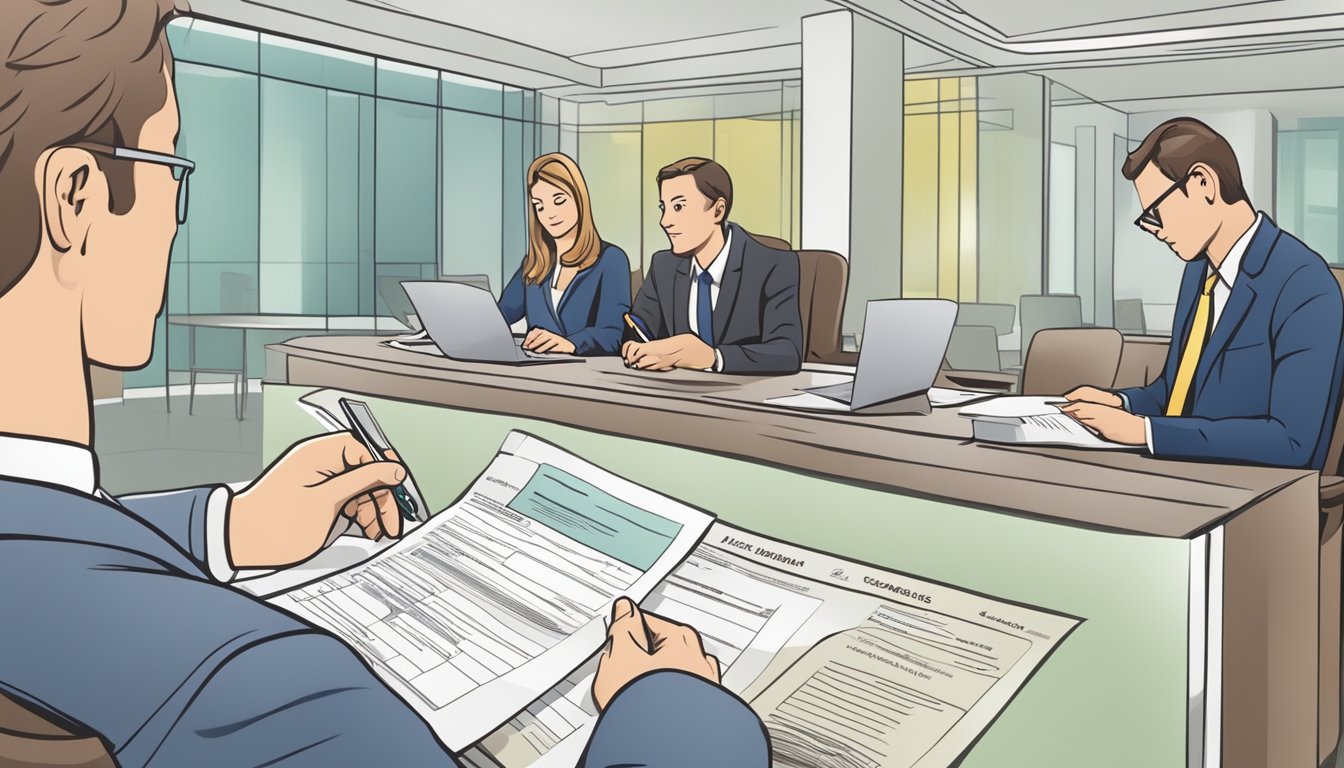 A person filling out a loan application form at a bank, with a banker explaining loan terms