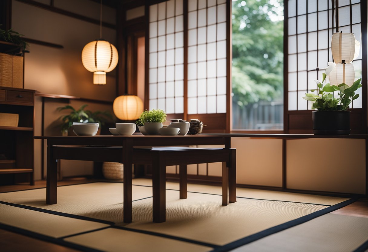 A cozy Japanese apartment with sliding doors, tatami mats, low wooden furniture, and paper lanterns