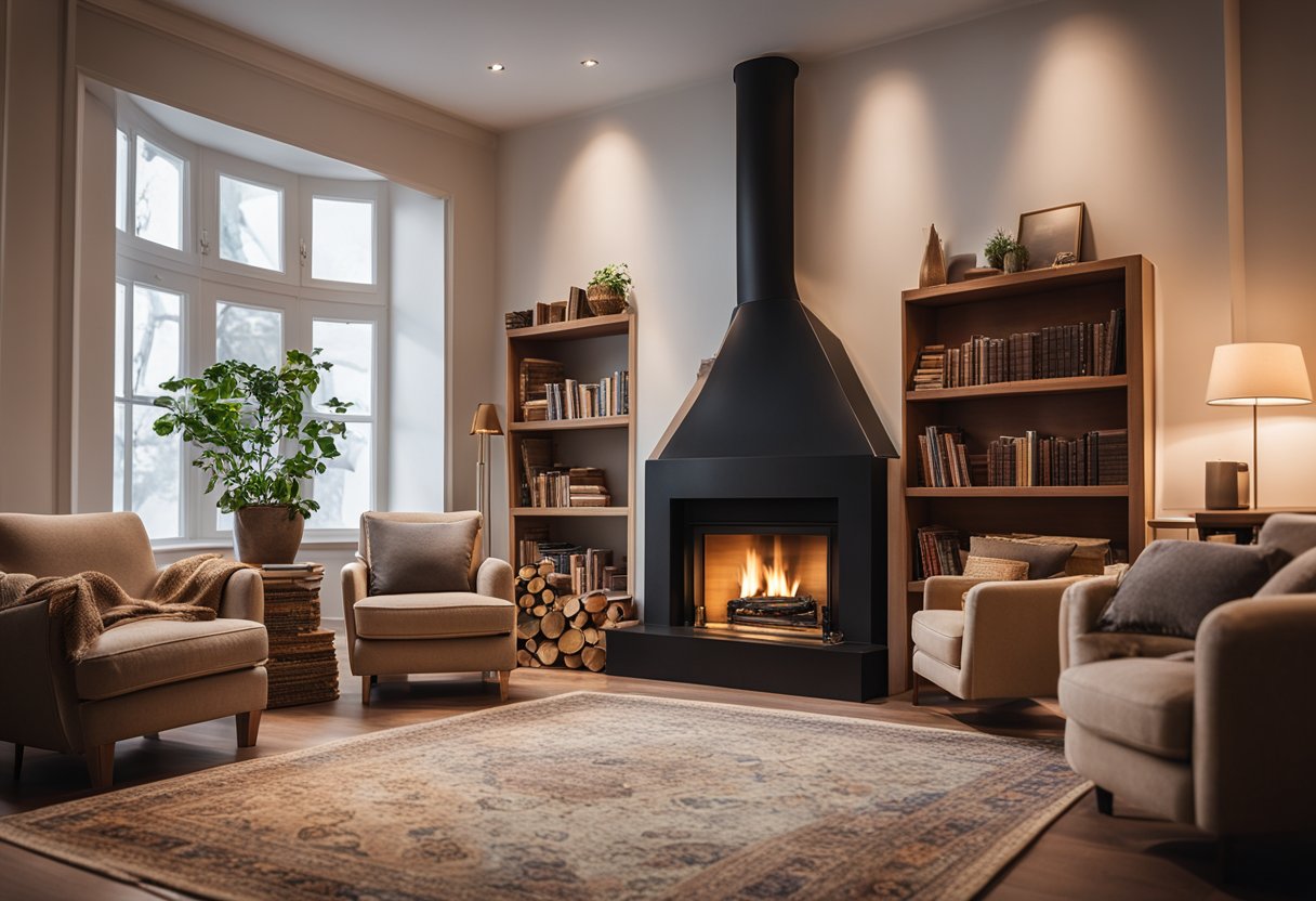 A cozy wood interior with a large fireplace, comfortable armchairs, and warm lighting. A bookshelf filled with books and a large rug on the floor