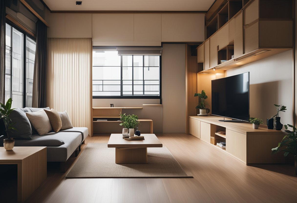 A cozy Japanese apartment with clever storage solutions, sliding doors, and minimalistic furniture to maximize space