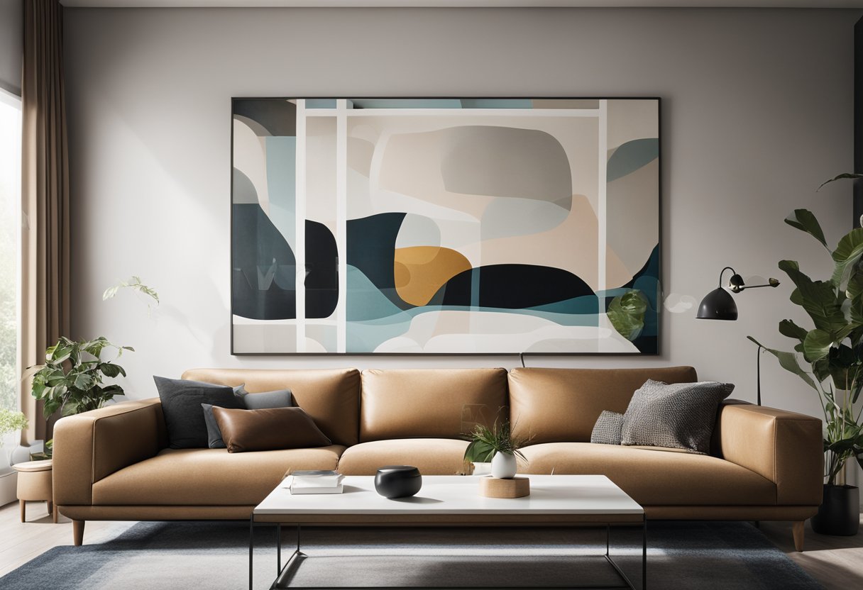 A modern living room with a sleek sofa, glass coffee table, and abstract art on the wall. The room is bathed in natural light from large windows