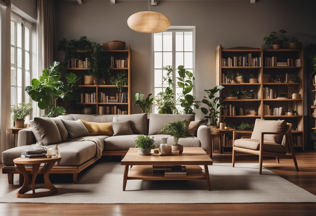 A cozy living room with wooden furniture, warm lighting, and natural textures. A large wooden coffee table sits in the center, surrounded by wooden chairs and a bookshelf filled with plants and books