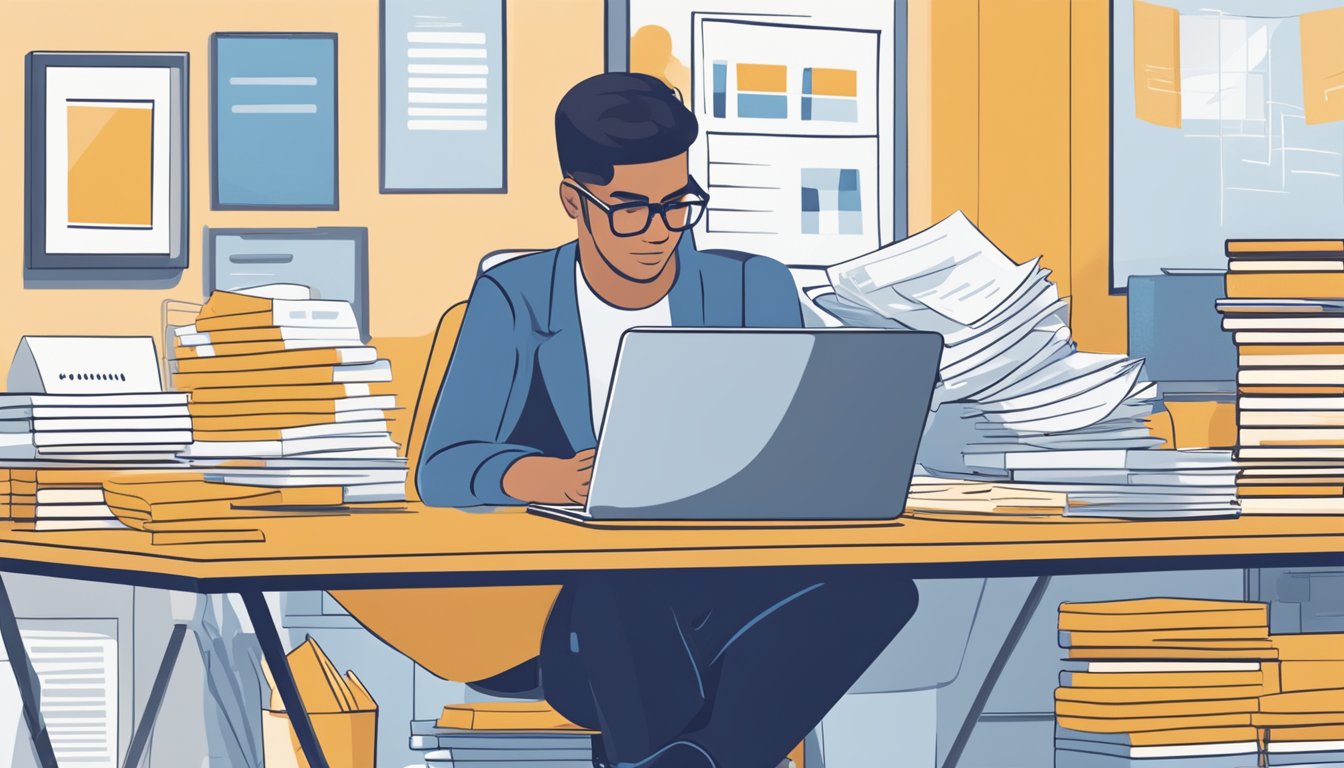 A person sits at a desk, surrounded by paperwork and a laptop. They are comparing different loan options, looking for the best personal loan to maximize their benefits