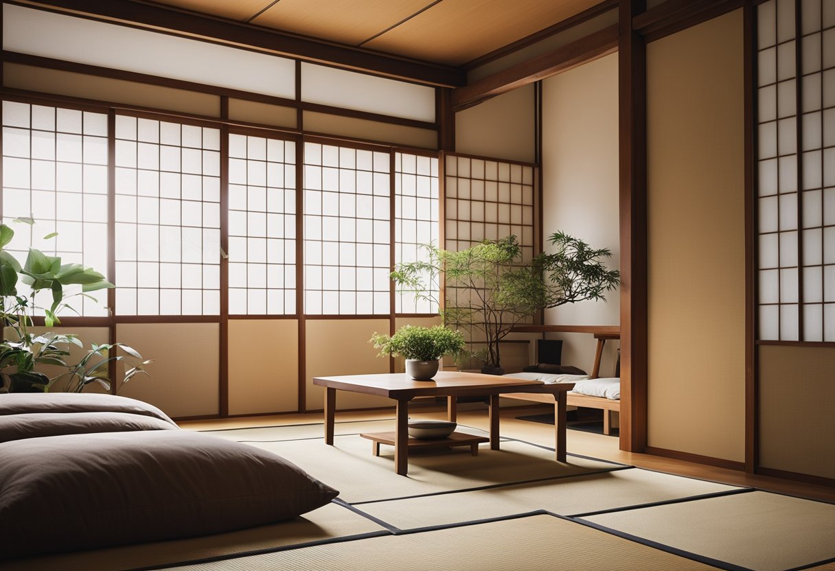 A minimalist Japanese apartment with sliding shoji screens, tatami mats, low furniture, and a tokonoma alcove for displaying art