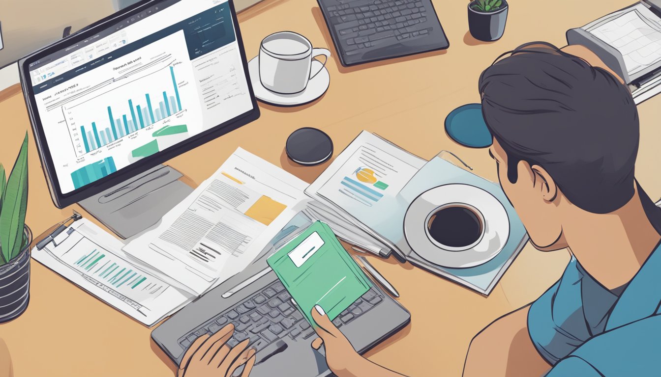 A person sitting at a desk, looking at a computer screen with the Grab app open, while holding a document labeled "Personal Loan" and a pen