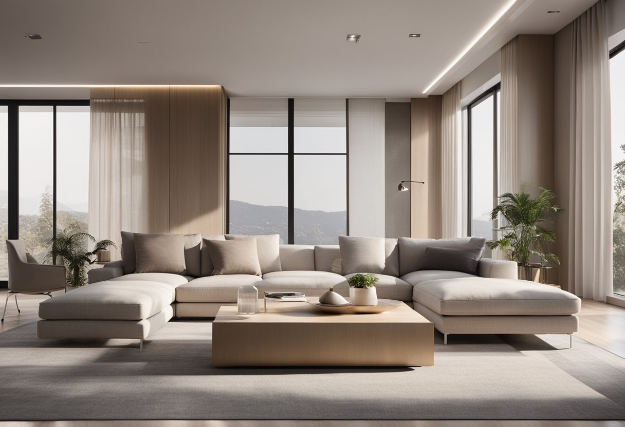 A spacious living room with clean lines, minimalistic furniture, and a neutral color palette. Large windows let in natural light, and geometric patterns add visual interest