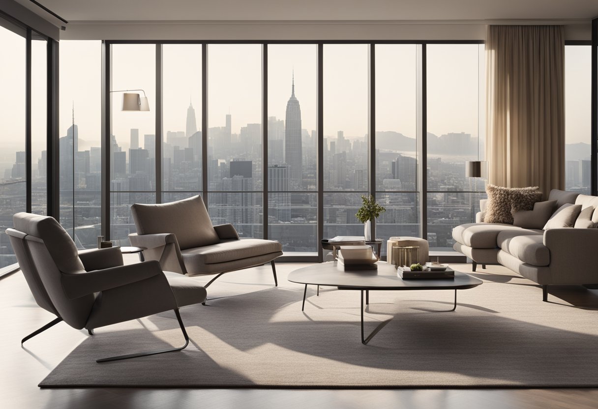 A modern living room with sleek furniture, minimalist decor, and large windows overlooking a city skyline. The room is bathed in natural light, with neutral tones and clean lines creating a sense of spaciousness and harmony