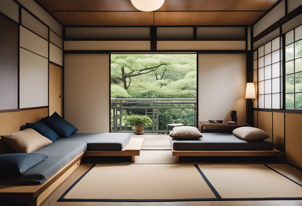 A cluttered Japanese apartment with sliding doors, tatami mats, low furniture, and minimalist decor