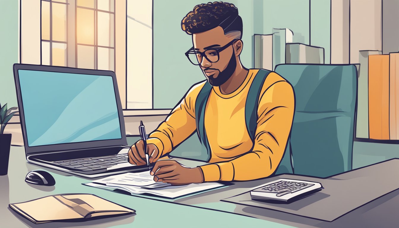 A person sitting at a desk, filling out a loan application form with a pen and a laptop open in front of them