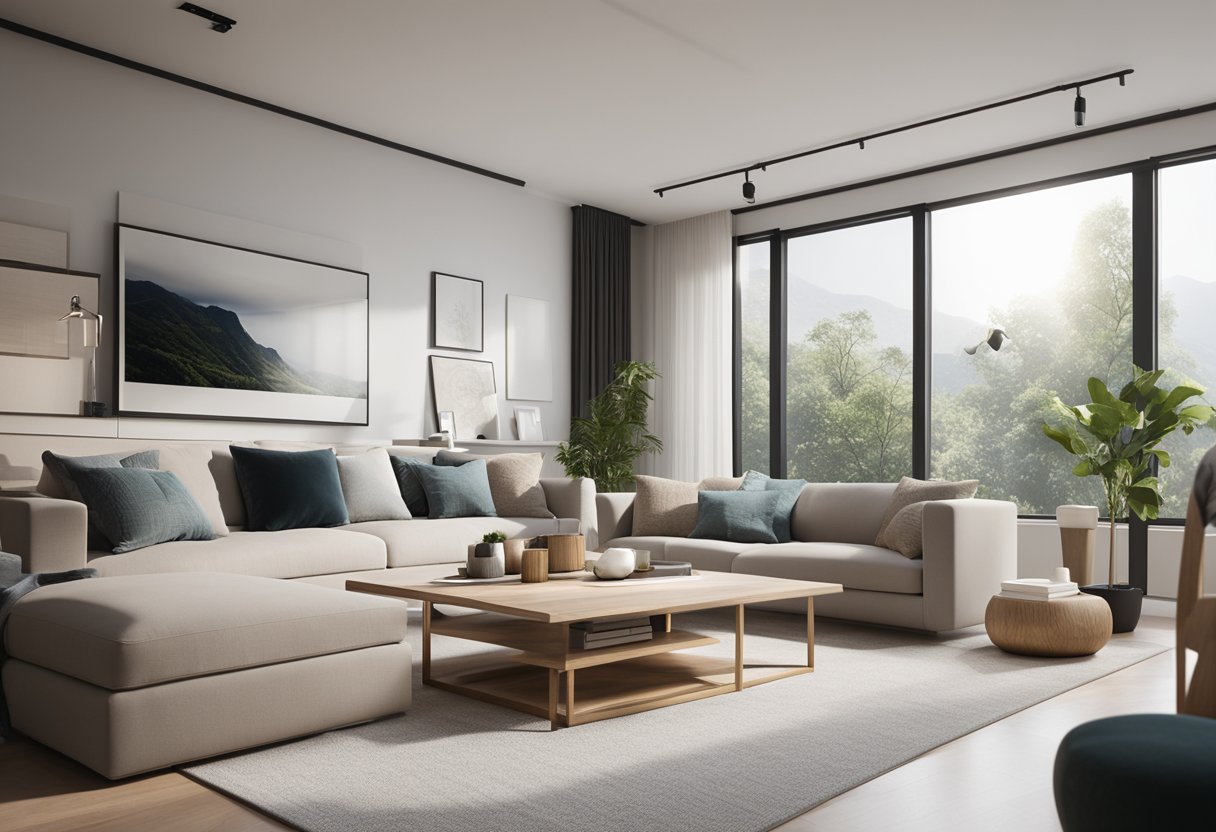 A modern living room with an iPad displaying 3D interior design software. Clean lines, minimalist furniture, and natural lighting