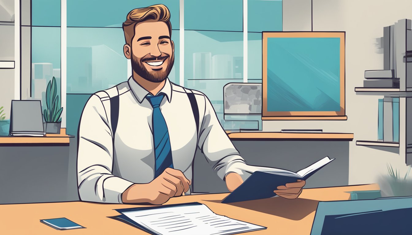 A customer sitting at a desk, smiling while reading a brochure about easy personal loans. A friendly representative stands nearby, ready to answer any questions
