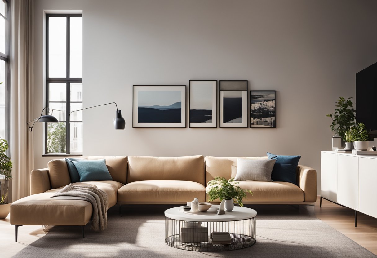 An organized and modern living room with a sleek sofa, minimalist coffee table, and stylish shelving unit. Bright, natural light filters through the large windows, illuminating the space