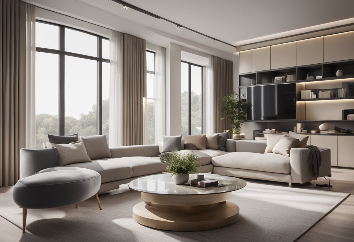 A modern, minimalist living room with sleek furniture, clean lines, and a neutral color palette. Large windows flood the space with natural light, showcasing the intricate details of the 3D interior design