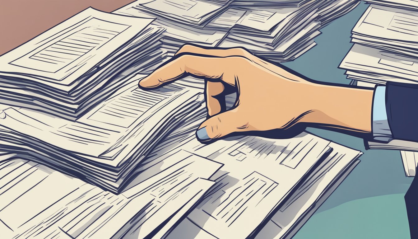 A hand reaching for a "Frequently Asked Questions" sign next to a stack of personal loan documents