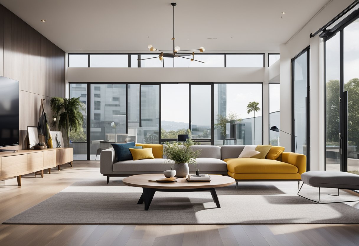 A sleek, open-concept living room with clean lines, minimalist furniture, and pops of bold color. Large windows let in natural light, highlighting the sleek, modern finishes and creating a sense of spaciousness