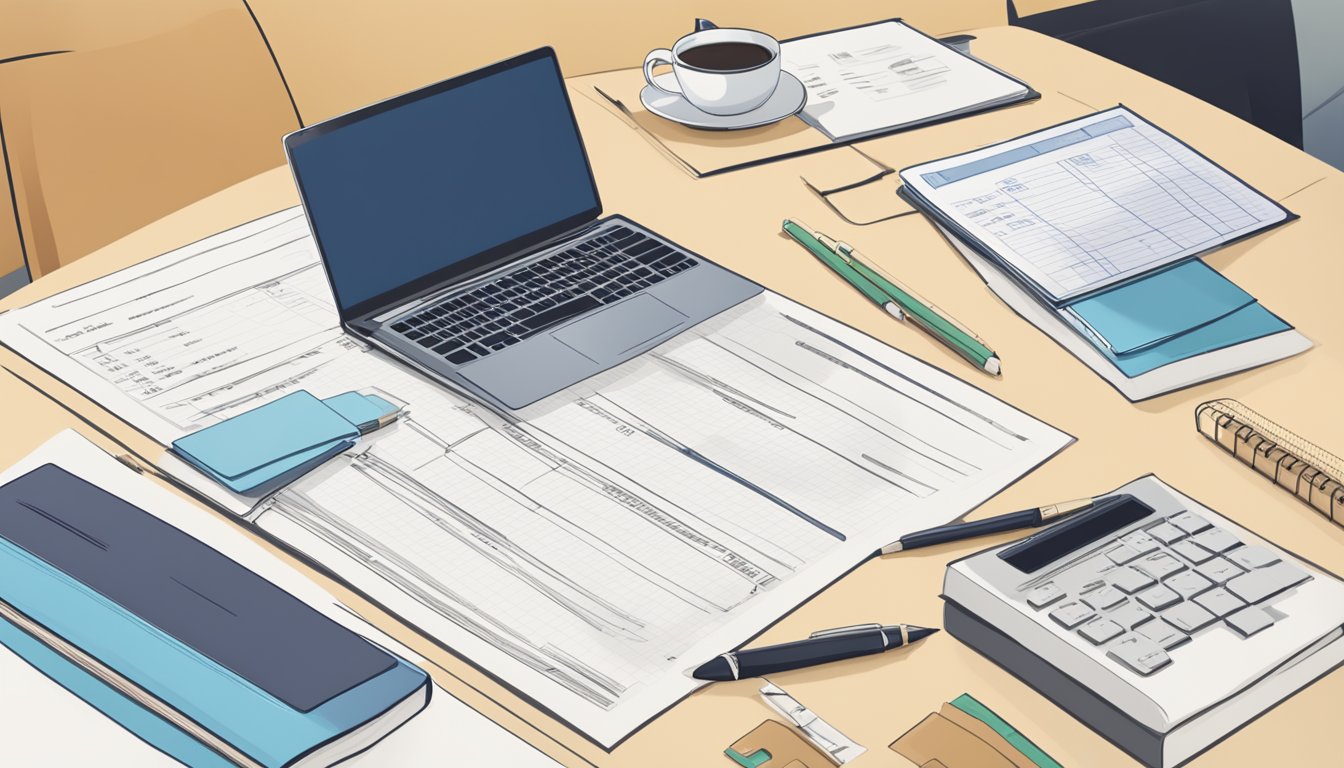 A table with a laptop showing HDB personal loan interest rates. A pen and notepad with calculations. A stack of documents labeled "Loan Terms and Conditions."