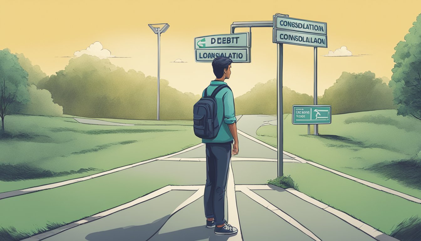 A person stands at a crossroads, with one path leading to a sign for "Debt Consolidation" and the other to a sign for "Personal Loan." The person looks contemplative, weighing their options