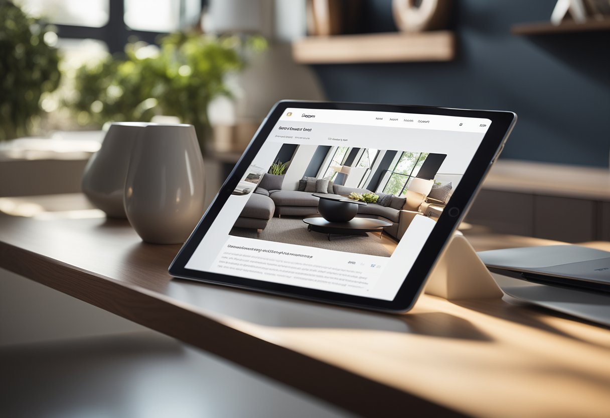 A sleek iPad displaying various 3D interior design apps, surrounded by stylish furniture and decor. Bright natural light streams in from a nearby window, casting a warm glow over the scene