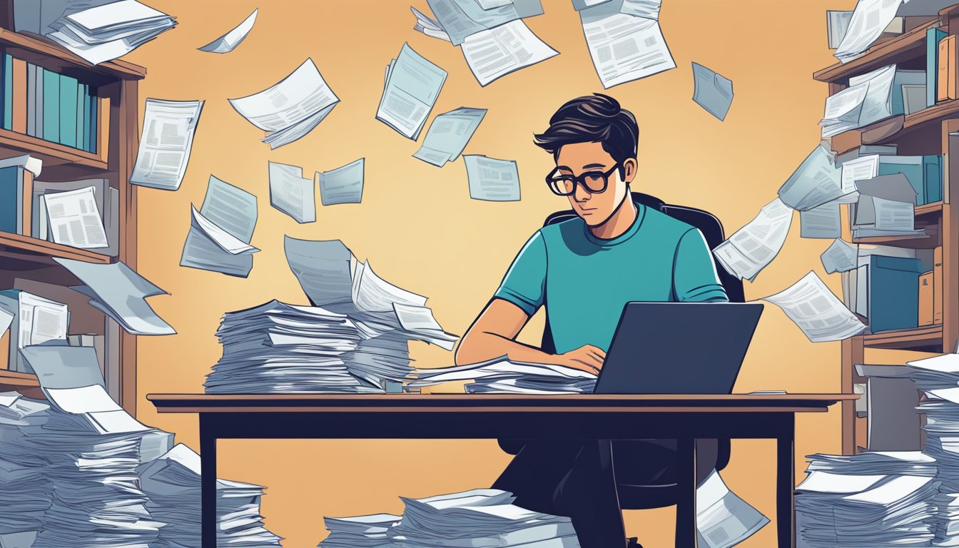A person sitting at a desk, surrounded by paperwork and financial documents. They are looking stressed and overwhelmed as they try to figure out their options for debt consolidation or a personal loan