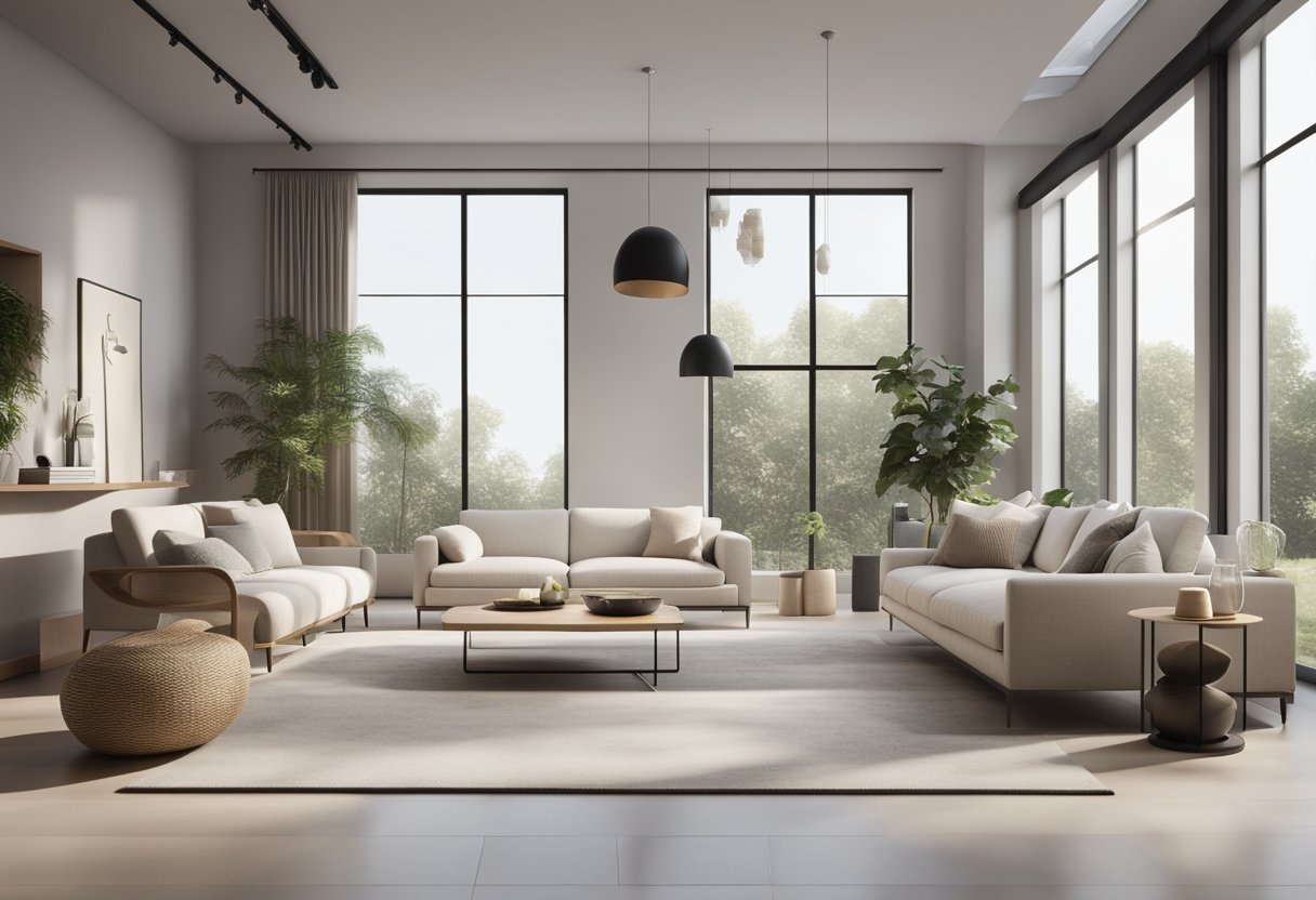 A modern, minimalist 3D interior design with clean lines, neutral colors, and sleek furniture. A large window allows natural light to flood the space, creating a bright and airy atmosphere
