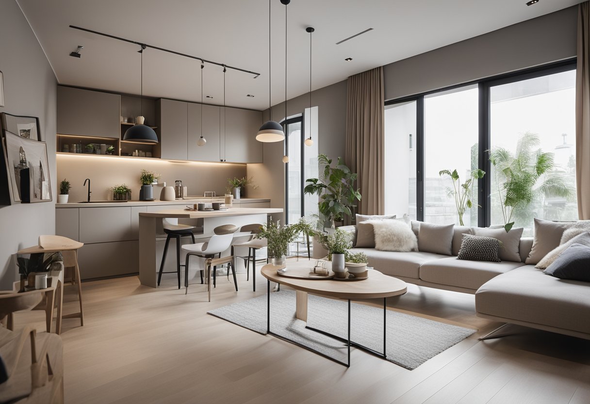 The 30 square meter house interior features a minimalist and functional design with neutral colors, natural lighting, and space-saving furniture