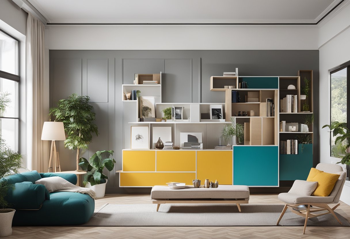 A living room with modular furniture and clever storage solutions, bright and airy with pops of color, creating a cozy and functional space