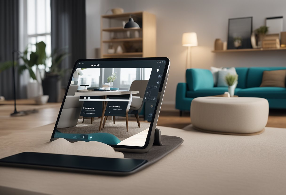 A modern iPad with 3D interior design software open, surrounded by various furniture and decor elements