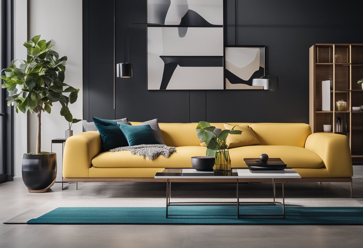 Sleek furniture and clean lines define a modern contemporary space, with pops of bold color and minimalist decor