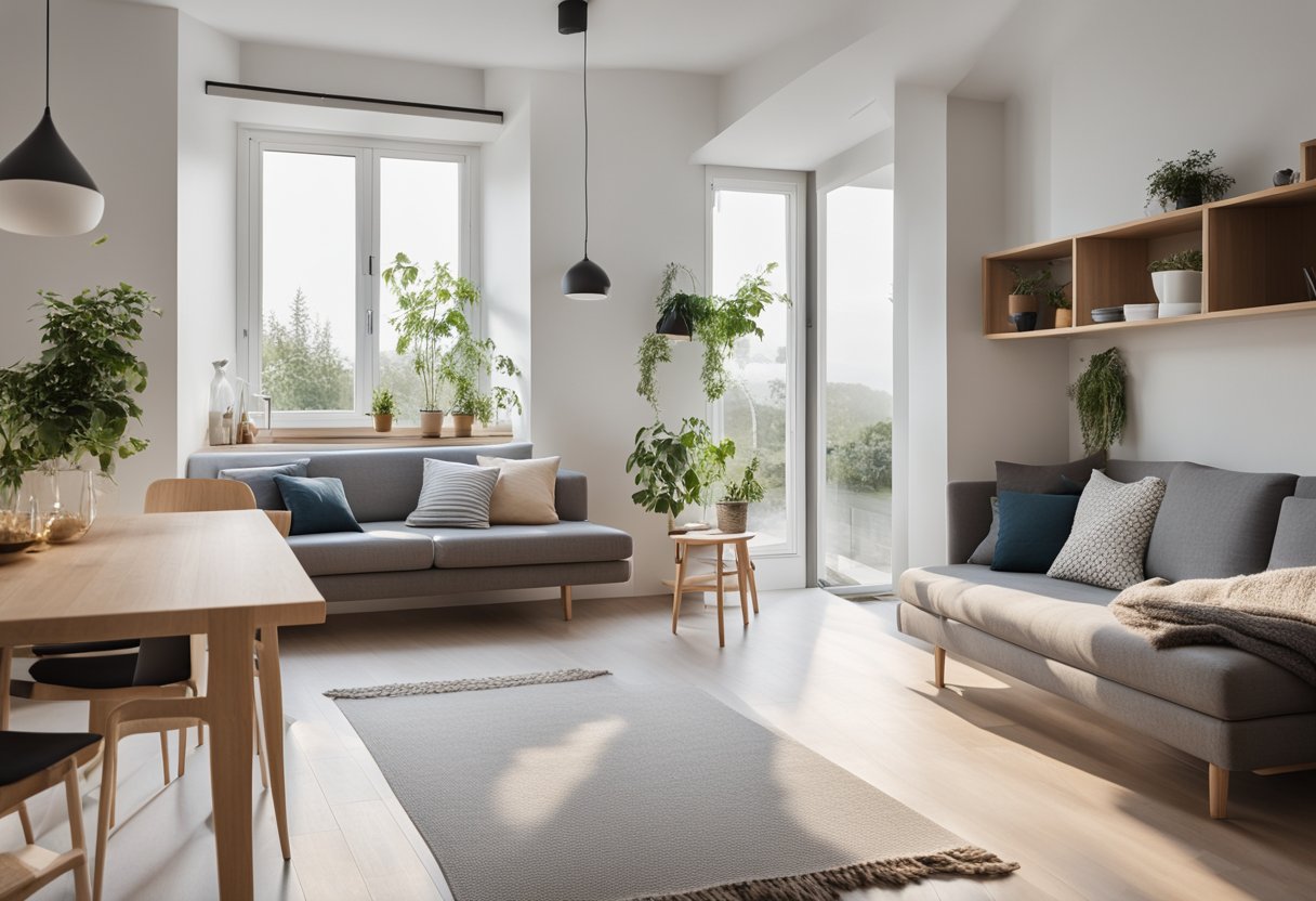 A cozy 30 square meter house with a modern minimalist interior. A compact living area, functional kitchen, and space-saving furniture. Natural light floods in from large windows, creating a bright and airy atmosphere