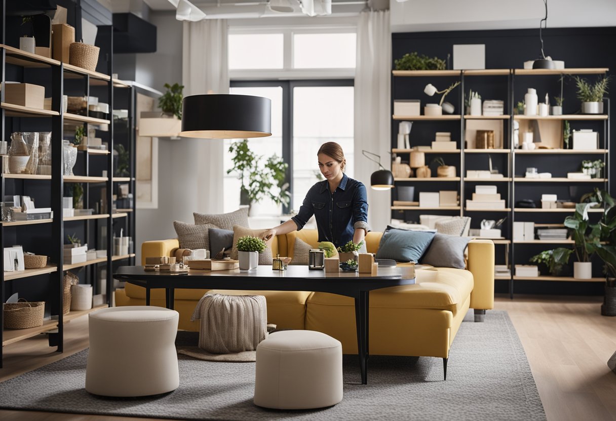 An IKEA interior designer arranges furniture and decor in a modern living room, surrounded by shelves of home accessories and design samples