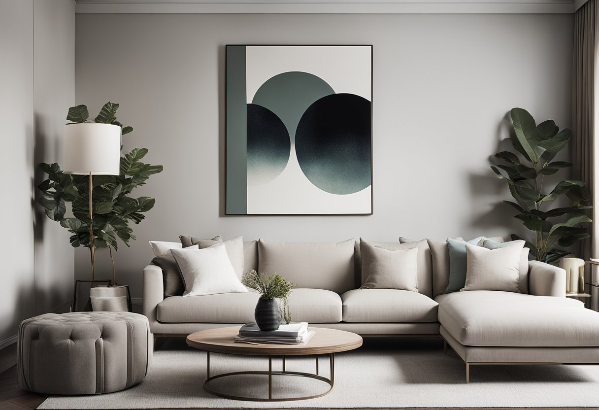 A sleek, minimalist living room with clean lines, neutral color palette, and pops of bold accents. A large, statement art piece hangs on the wall, and a mix of textures adds visual interest