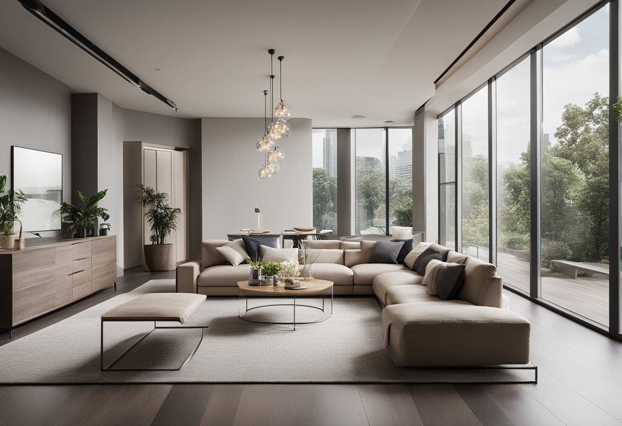 A room with well-lit, spacious layout, neutral color scheme, and modern furniture. Clear sightlines and functional flow
