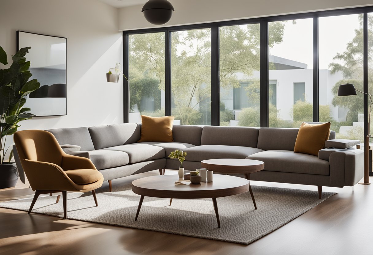 A sleek, minimalist living room with clean lines, iconic mid-century furniture, and a warm color palette. Large windows let in natural light, showcasing the open floor plan and emphasizing the connection to the outdoors