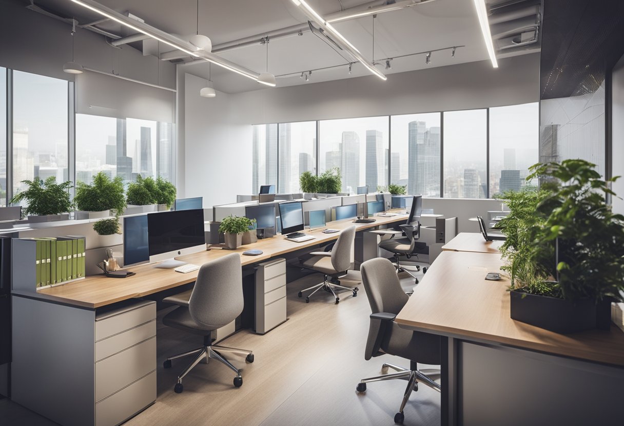 A modern office space with energy-efficient lighting, recycled materials, and eco-friendly furniture. Financial data charts and sustainability certificates displayed on the walls