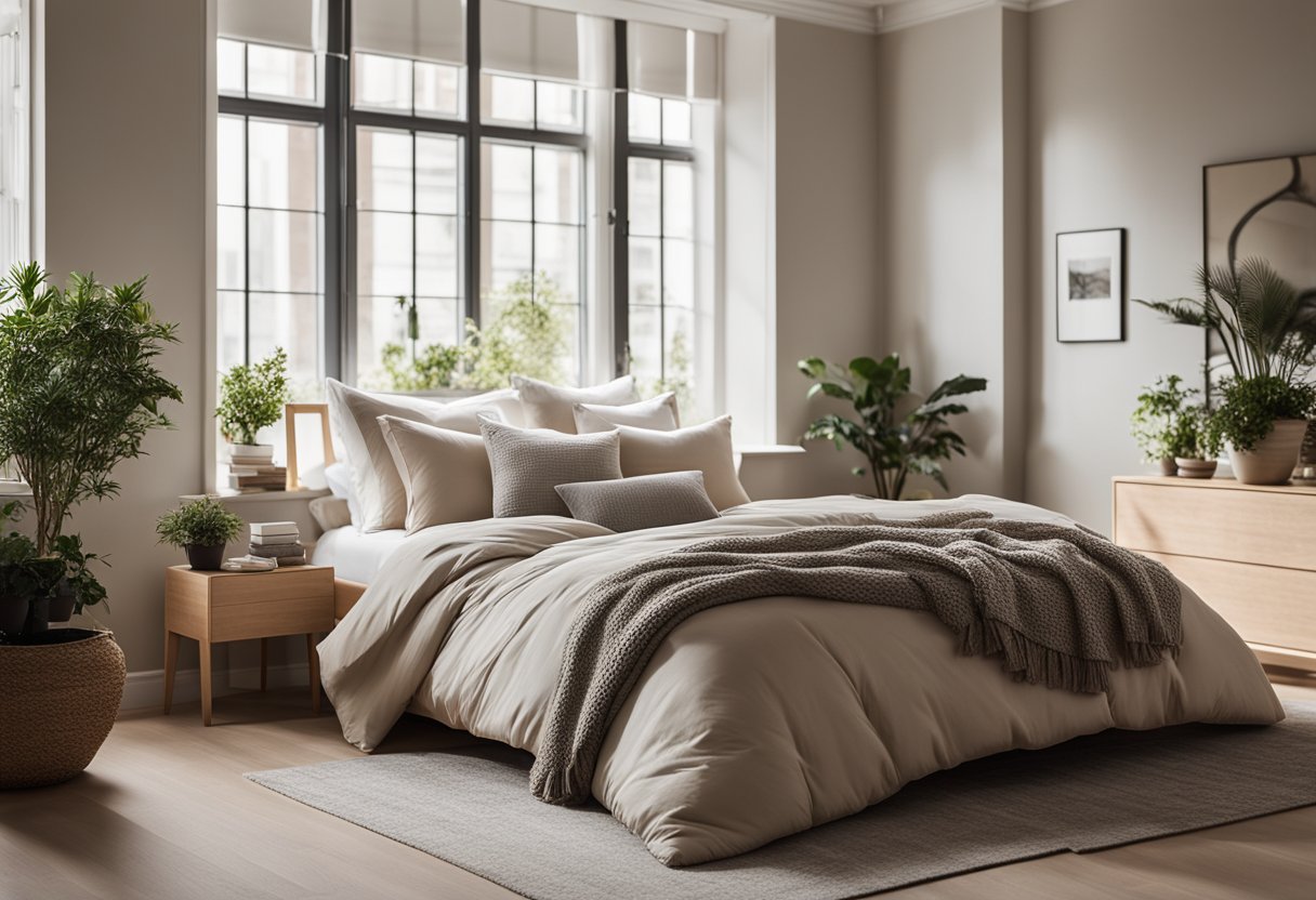 A cozy bedroom with a neutral color scheme, a plush area rug, and a bed with soft, layered bedding. A large window lets in natural light, and there are small potted plants on the windowsill
