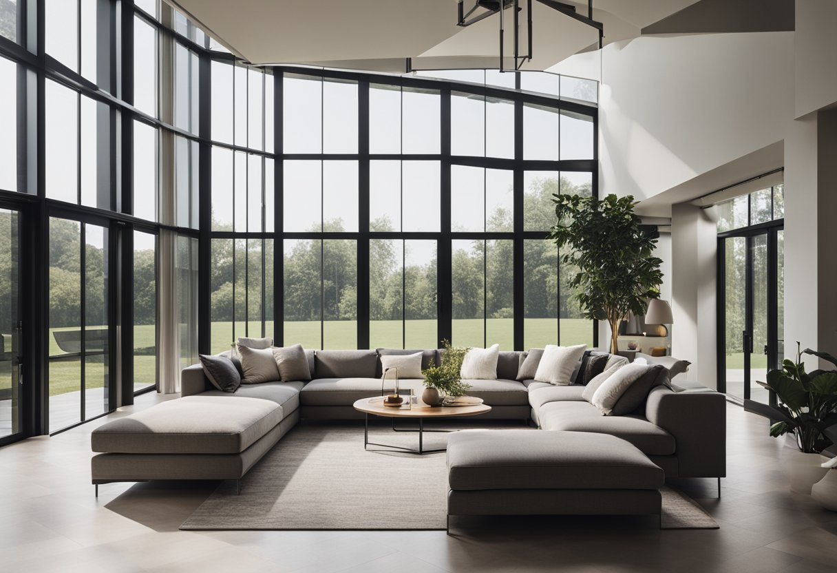 A living room with clean lines, minimalist furniture, and geometric patterns. Large windows let in natural light, showcasing the open floor plan and emphasizing the connection between indoor and outdoor spaces