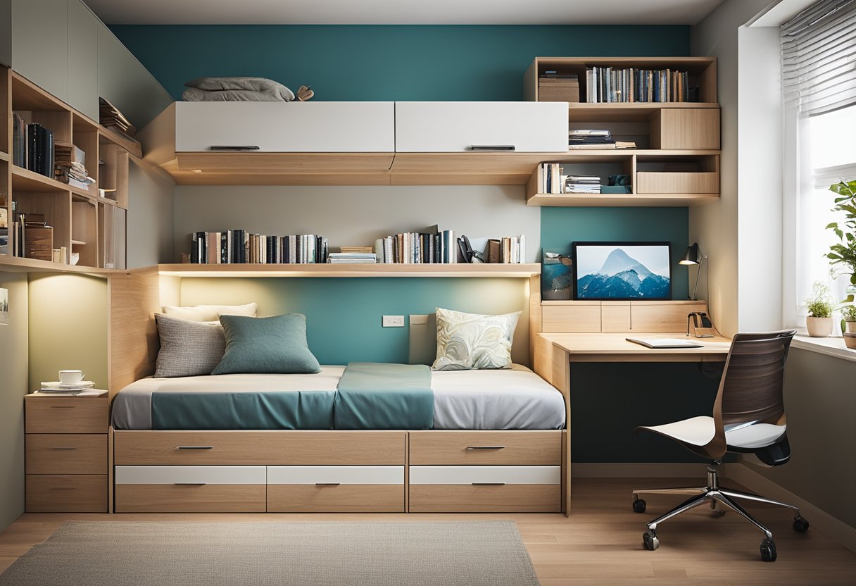 A small bedroom with clever storage solutions: under-bed drawers, wall-mounted shelves, and a fold-down desk. Bright colors and natural light create a cozy, organized space