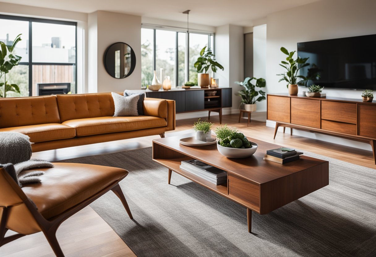 A mid-century modern living room with sleek furniture, clean lines, and warm wood tones. A sunlit space with minimalist decor and pops of vibrant color