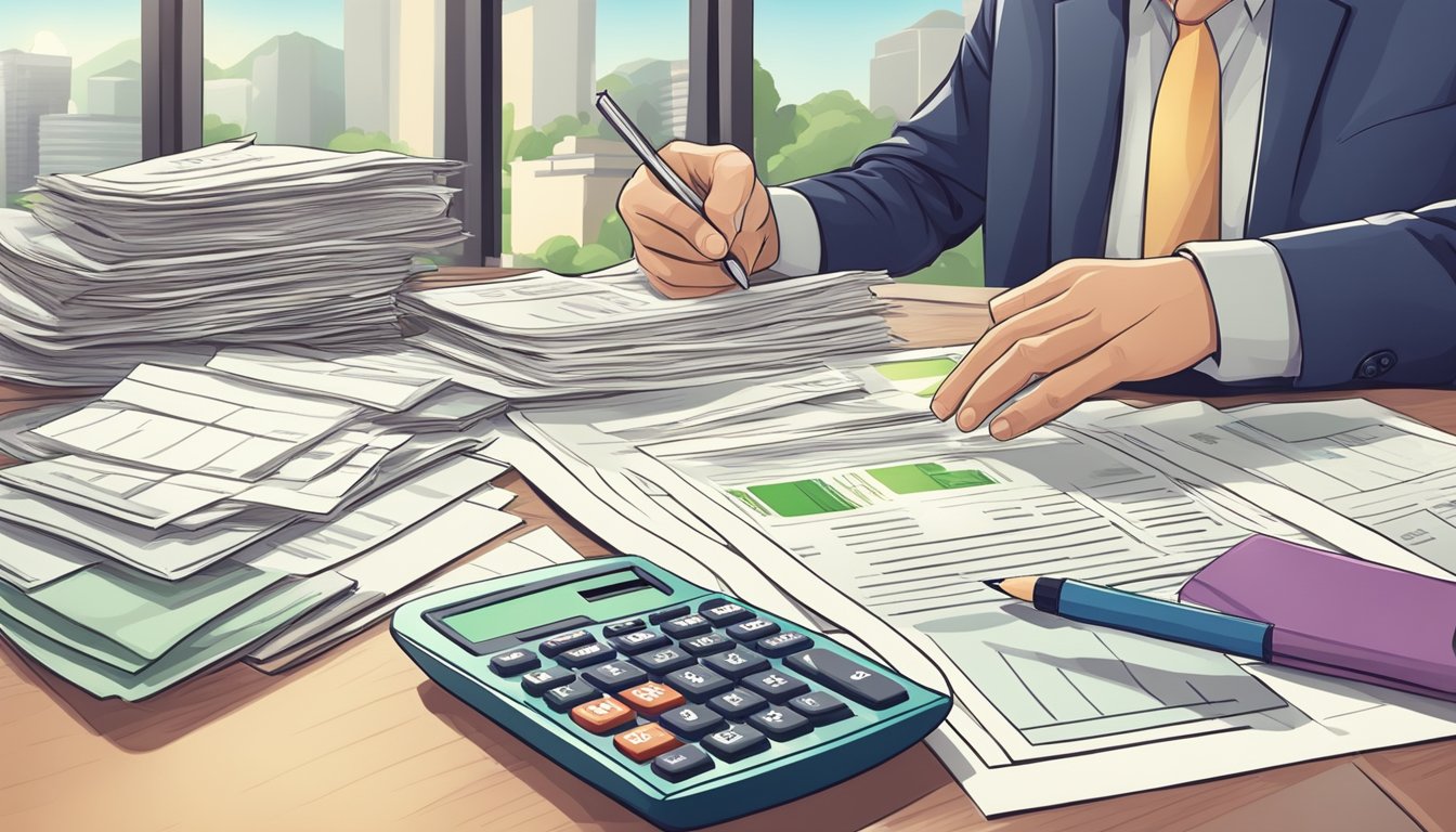 A person comparing home loan and personal loan interest rates, surrounded by financial documents and calculator