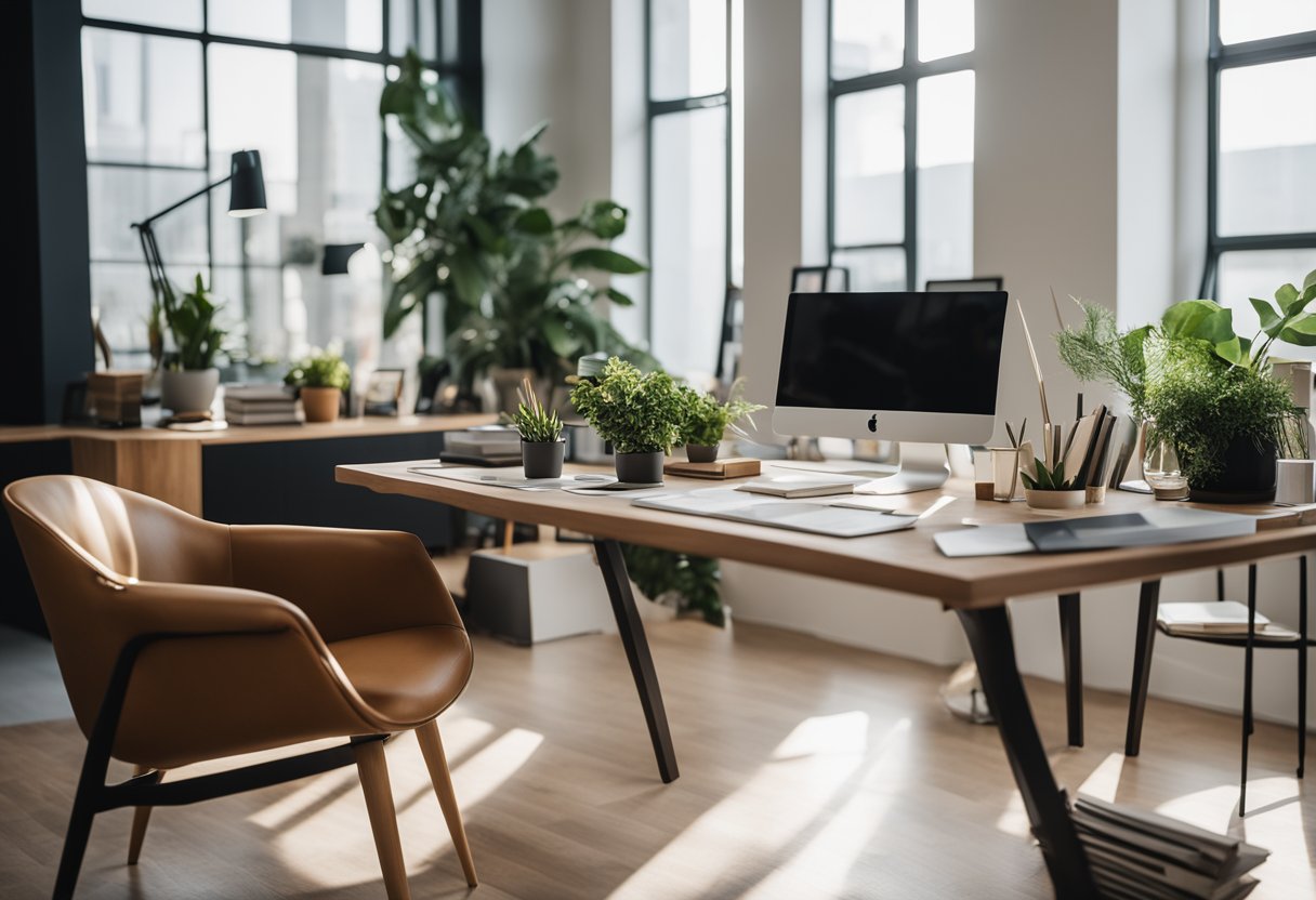 A stylish office space with trendy decor, plants, and art. A mood board and design books are scattered on a sleek desk. Bright natural light floods the room, highlighting the modern furniture and elegant color scheme