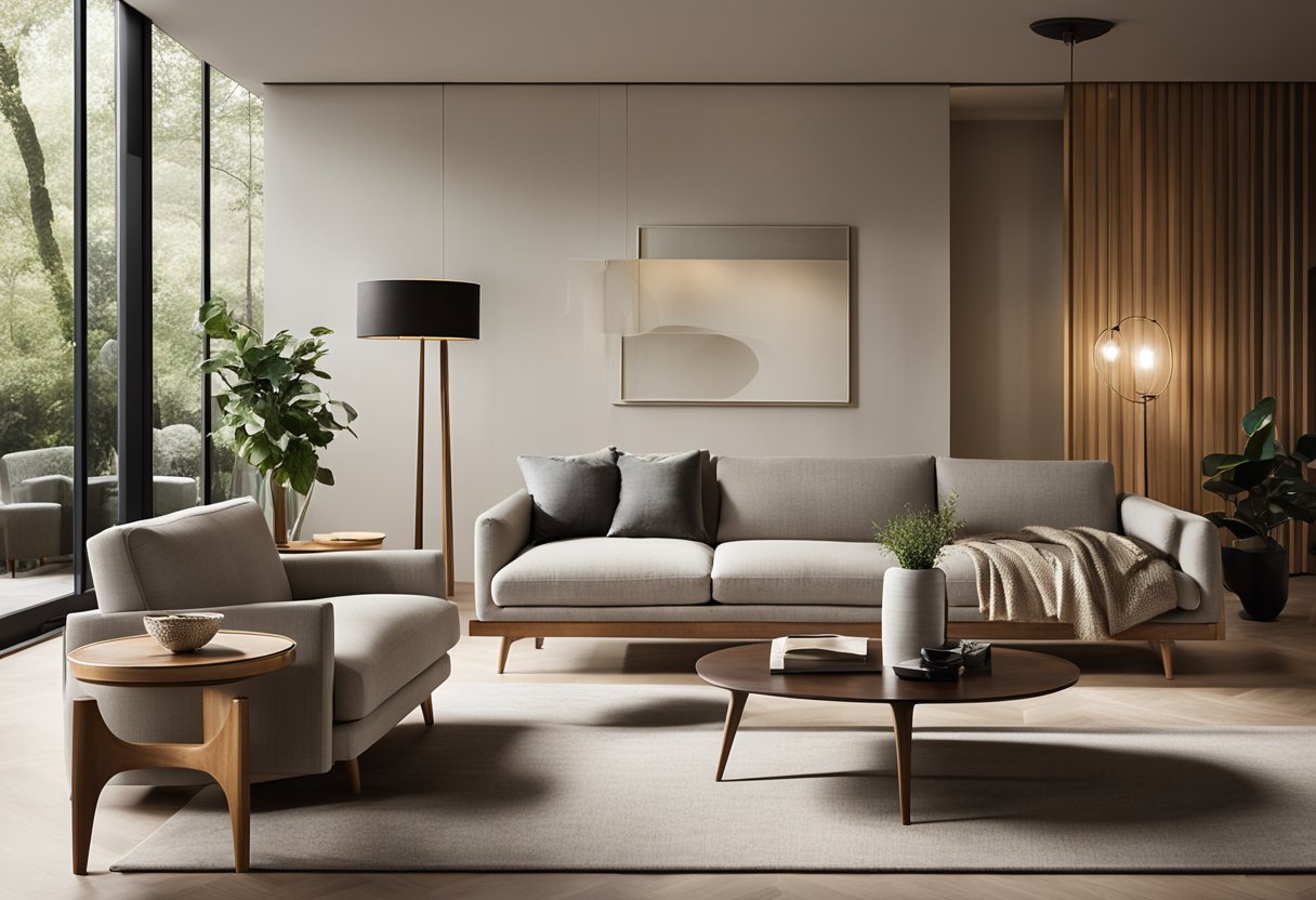 A sleek mid-century modern living room with clean lines, organic shapes, and a mix of natural materials. A low-slung sofa, iconic lighting fixtures, and a statement piece of artwork complete the space