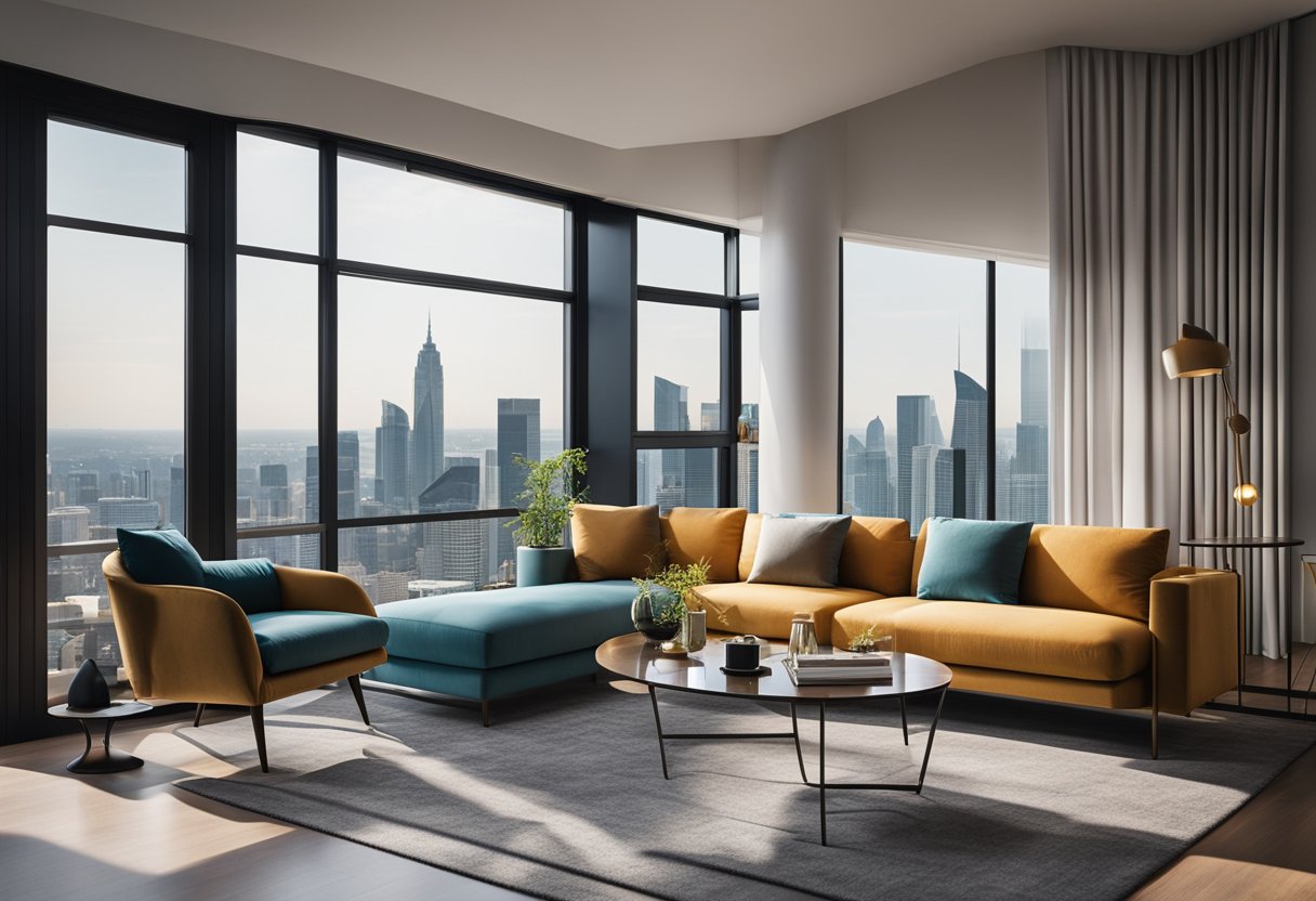 A modern, minimalist living room with sleek furniture, vibrant accent colors, and large windows overlooking a city skyline