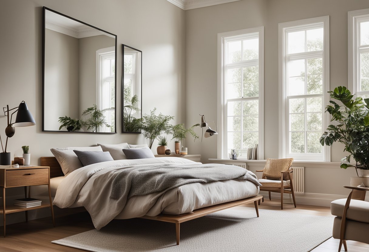 A small bedroom with light-colored walls, large windows, and minimal furniture to create an open and airy feel. A strategically placed mirror reflects natural light, making the room appear larger