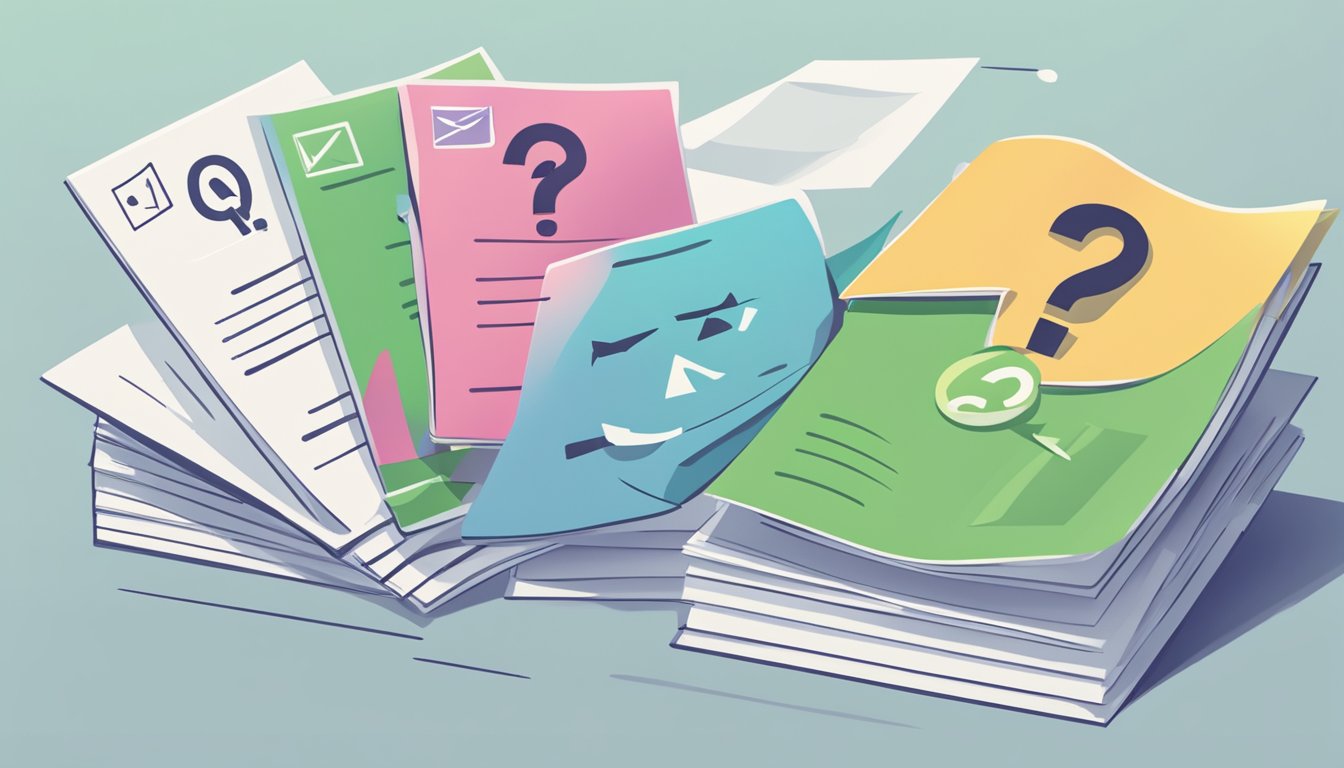 A stack of paper with "Frequently Asked Questions" printed on top, surrounded by a checkmark, a pen, and a smiling face icon